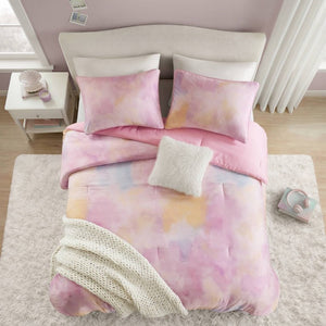 English Elm 4 Piece King Watercolor Tie Dye Microfiber Comforter Set with Faux Fur Throw Pillow Pink B035P529043