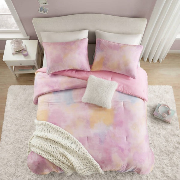 English Elm 4 Piece King Watercolor Tie Dye Microfiber Comforter Set with Faux Fur Throw Pillow Pink B035P529043