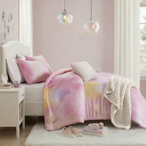 English Elm 4 Piece King Watercolor Tie Dye Microfiber Comforter Set with Faux Fur Throw Pillow Pink B035P529043