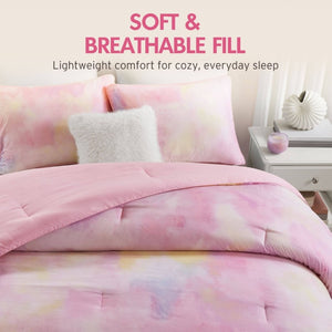 English Elm 4 Piece King Watercolor Tie Dye Microfiber Comforter Set with Faux Fur Throw Pillow Pink B035P529043