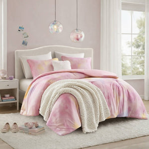 English Elm 4 Piece King Watercolor Tie Dye Microfiber Comforter Set with Faux Fur Throw Pillow Pink B035P529043