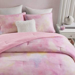 English Elm 4 Piece King Watercolor Tie Dye Microfiber Comforter Set with Faux Fur Throw Pillow Pink B035P529043