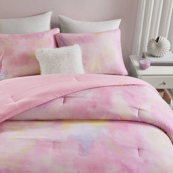 English Elm 4 Piece King Watercolor Tie Dye Microfiber Comforter Set with Faux Fur Throw Pillow Pink B035P529043