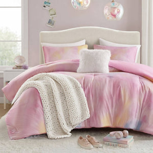 English Elm 4 Piece King Watercolor Tie Dye Microfiber Comforter Set with Faux Fur Throw Pillow Pink B035P529043