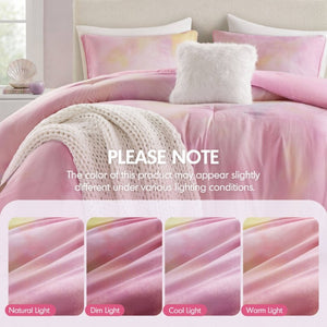 English Elm 4 Piece King Watercolor Tie Dye Microfiber Comforter Set with Faux Fur Throw Pillow Pink B035P529043