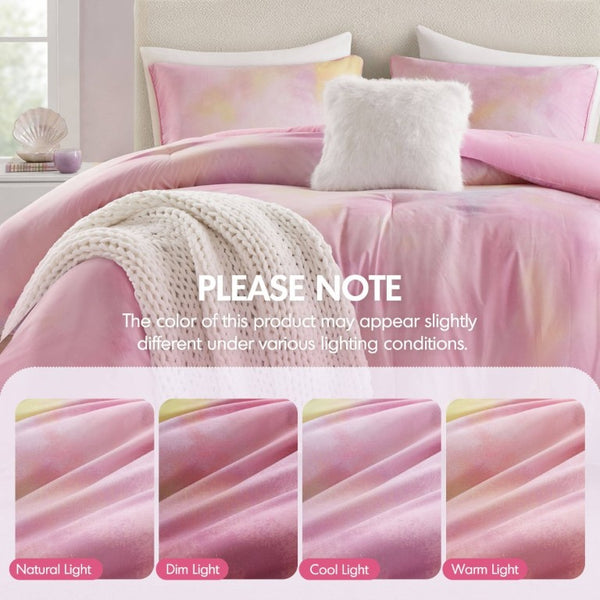 English Elm 4 Piece King Watercolor Tie Dye Microfiber Comforter Set with Faux Fur Throw Pillow Pink B035P529043