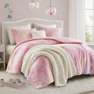 English Elm 4 Piece King Watercolor Tie Dye Microfiber Comforter Set with Faux Fur Throw Pillow Pink B035P529043