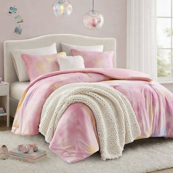 English Elm 4 Piece King Watercolor Tie Dye Microfiber Comforter Set with Faux Fur Throw Pillow Pink B035P529043