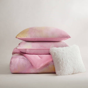 English Elm 4 Piece King Watercolor Tie Dye Microfiber Comforter Set with Faux Fur Throw Pillow Pink B035P529043