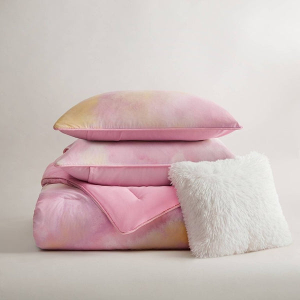 English Elm 4 Piece King Watercolor Tie Dye Microfiber Comforter Set with Faux Fur Throw Pillow Pink B035P529043