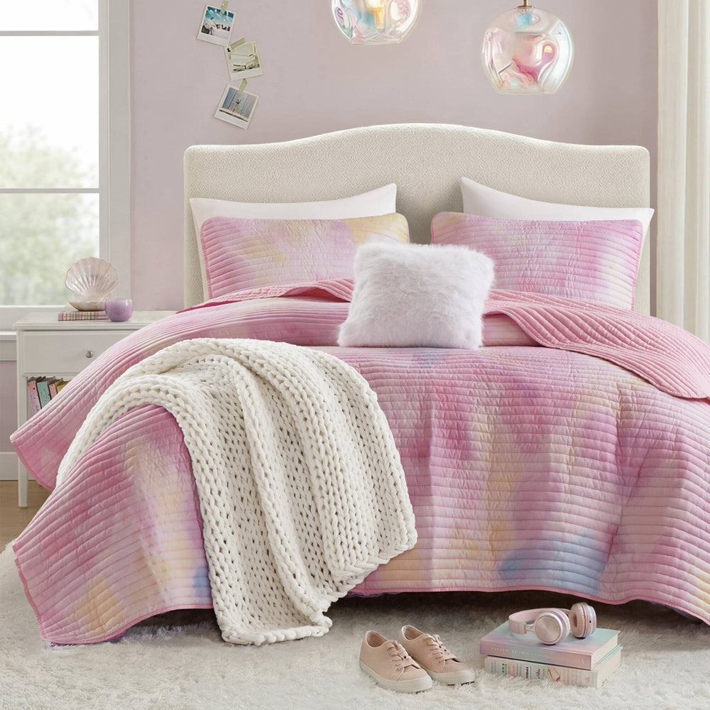 English Elm 4 Piece Bohemian Watercolor Quilt Set Brushed Microfiber Faux Fur Pillow Full Queen Pink B035P529045