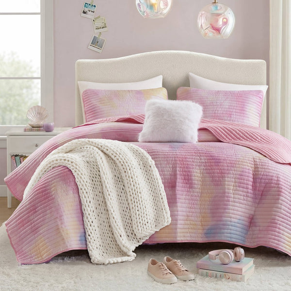 English Elm 4 Piece Bohemian Watercolor Quilt Set Brushed Microfiber Faux Fur Pillow Full Queen Pink B035P529045