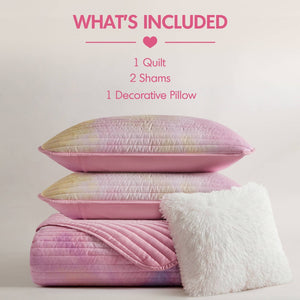 English Elm 4 Piece Bohemian Watercolor Quilt Set Brushed Microfiber Faux Fur Pillow Full Queen Pink B035P529045