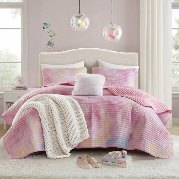 English Elm 4 Piece Bohemian Watercolor Quilt Set Brushed Microfiber Faux Fur Pillow Full Queen Pink B035P529045