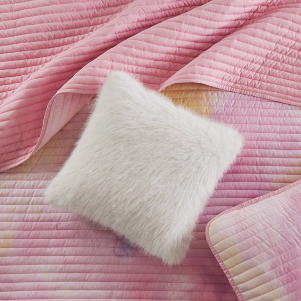 English Elm 4 Piece Bohemian Watercolor Quilt Set Brushed Microfiber Faux Fur Pillow Full Queen Pink B035P529045