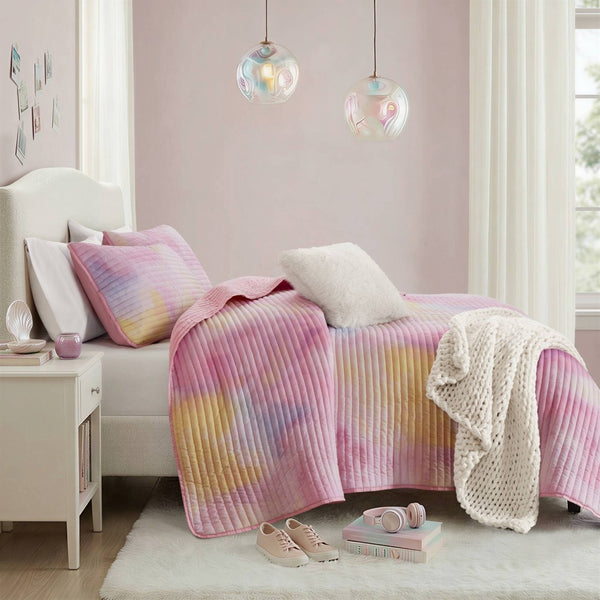English Elm 4 Piece Bohemian Watercolor Quilt Set Brushed Microfiber Faux Fur Pillow Full Queen Pink B035P529045