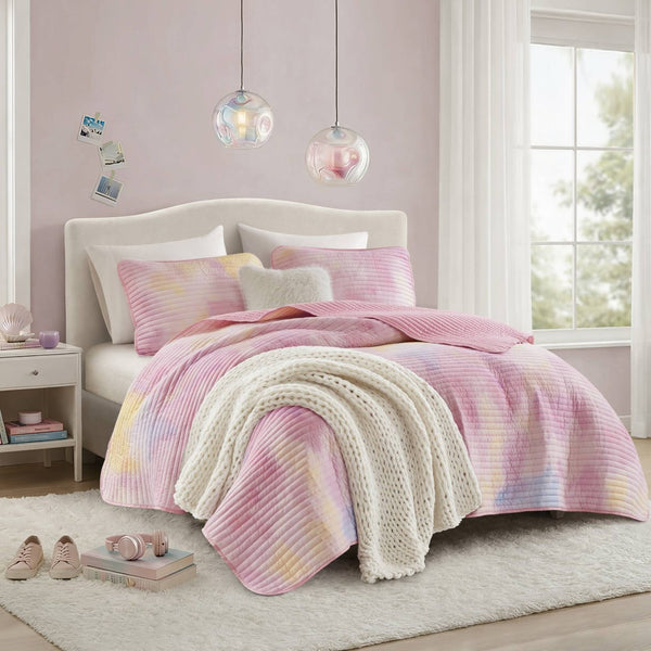 English Elm 4 Piece Bohemian Watercolor Quilt Set Brushed Microfiber Faux Fur Pillow Full Queen Pink B035P529045