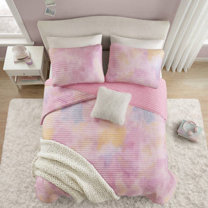 English Elm 4 Piece Bohemian Watercolor Quilt Set Brushed Microfiber Faux Fur Pillow Full Queen Pink B035P529045