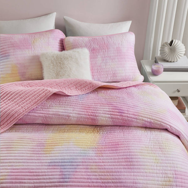 English Elm 4 Piece Bohemian Watercolor Quilt Set Brushed Microfiber Faux Fur Pillow Full Queen Pink B035P529045