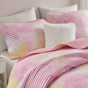 English Elm 4 Piece Bohemian Watercolor Quilt Set Brushed Microfiber Faux Fur Pillow Full Queen Pink B035P529045
