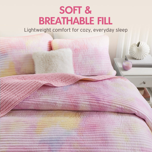 English Elm 4 Piece Bohemian Watercolor Quilt Set Brushed Microfiber Faux Fur Pillow Full Queen Pink B035P529045