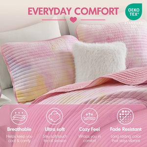 English Elm 4 Piece Bohemian Watercolor Quilt Set Brushed Microfiber Faux Fur Pillow Full Queen Pink B035P529045