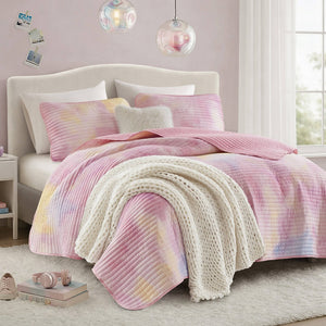 English Elm 4 Piece Bohemian Watercolor Quilt Set Brushed Microfiber Faux Fur Pillow Full Queen Pink B035P529045