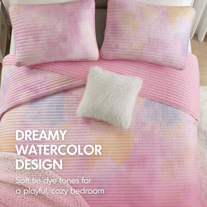 English Elm 4 Piece Bohemian Watercolor Quilt Set Brushed Microfiber Faux Fur Pillow Full Queen Pink B035P529045