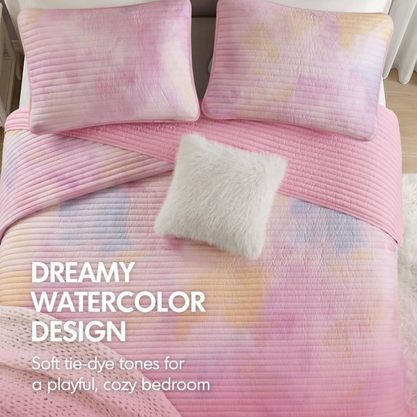 English Elm 4 Piece Bohemian Watercolor Quilt Set Brushed Microfiber Faux Fur Pillow Full Queen Pink B035P529045