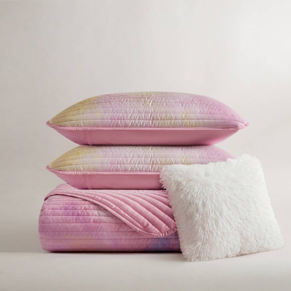 English Elm 4 Piece Bohemian Watercolor Quilt Set Brushed Microfiber Faux Fur Pillow Full Queen Pink B035P529045