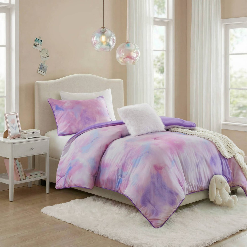English Elm 3 Piece Twin Watercolor Tie Dye Microfiber Comforter Set with Faux Fur Accent Pillow Purple B035P529046