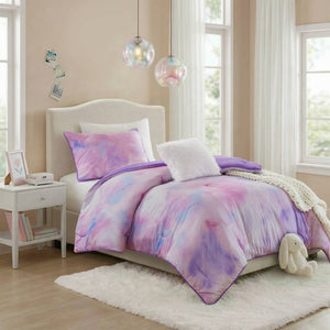English Elm 3 Piece Twin Watercolor Tie Dye Microfiber Comforter Set with Faux Fur Accent Pillow Purple B035P529046
