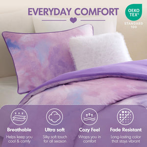 English Elm 3 Piece Twin Watercolor Tie Dye Microfiber Comforter Set with Faux Fur Accent Pillow Purple B035P529046