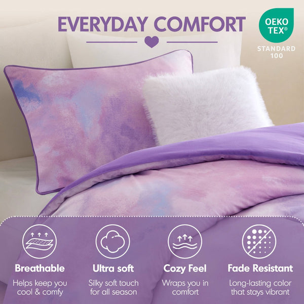 English Elm 3 Piece Twin Watercolor Tie Dye Microfiber Comforter Set with Faux Fur Accent Pillow Purple B035P529046