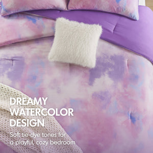English Elm 3 Piece Twin Watercolor Tie Dye Microfiber Comforter Set with Faux Fur Accent Pillow Purple B035P529046