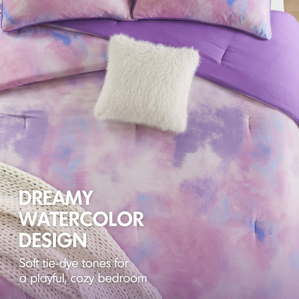 English Elm 3 Piece Twin Watercolor Tie Dye Microfiber Comforter Set with Faux Fur Accent Pillow Purple B035P529046