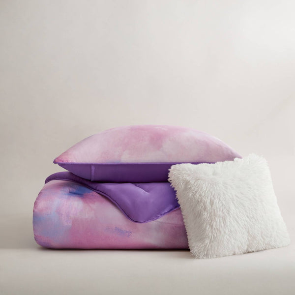 English Elm 3 Piece Twin Watercolor Tie Dye Microfiber Comforter Set with Faux Fur Accent Pillow Purple B035P529046