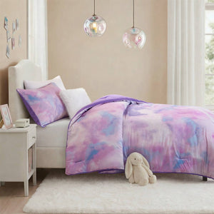 English Elm 3 Piece Twin Watercolor Tie Dye Microfiber Comforter Set with Faux Fur Accent Pillow Purple B035P529046