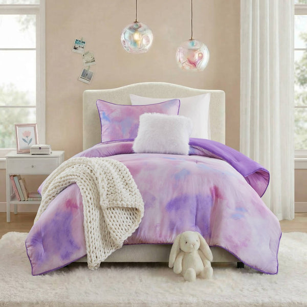 English Elm 3 Piece Twin Watercolor Tie Dye Microfiber Comforter Set with Faux Fur Accent Pillow Purple B035P529046
