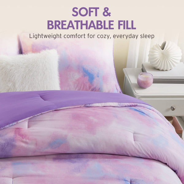 English Elm 3 Piece Twin Watercolor Tie Dye Microfiber Comforter Set with Faux Fur Accent Pillow Purple B035P529046