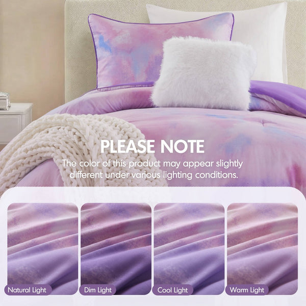 English Elm 3 Piece Twin Watercolor Tie Dye Microfiber Comforter Set with Faux Fur Accent Pillow Purple B035P529046