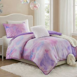 English Elm 3 Piece Twin Watercolor Tie Dye Microfiber Comforter Set with Faux Fur Accent Pillow Purple B035P529046