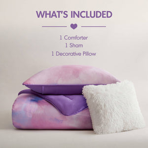 English Elm 3 Piece Twin Watercolor Tie Dye Microfiber Comforter Set with Faux Fur Accent Pillow Purple B035P529046