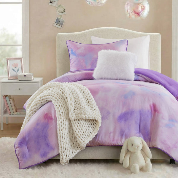 English Elm 3 Piece Twin Watercolor Tie Dye Microfiber Comforter Set with Faux Fur Accent Pillow Purple B035P529046