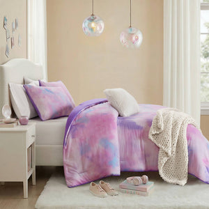 English Elm 4 Piece Watercolor Tie Dye Comforter Set Bohemian Microfiber Bedding with Faux Fur Pillow Purple B035P529047