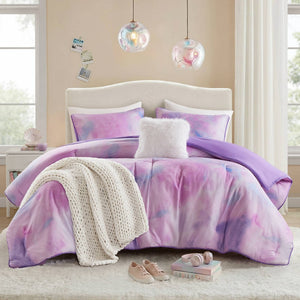 English Elm 4 Piece Watercolor Tie Dye Comforter Set Bohemian Microfiber Bedding with Faux Fur Pillow Purple B035P529047