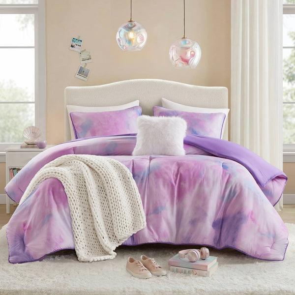 English Elm 4 Piece Watercolor Tie Dye Comforter Set Bohemian Microfiber Bedding with Faux Fur Pillow Purple B035P529047