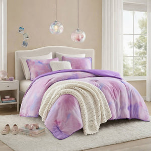 English Elm 4 Piece King Watercolor Tie Dye Microfiber Comforter Set with Faux Fur Throw Pillow Purple B035P529048