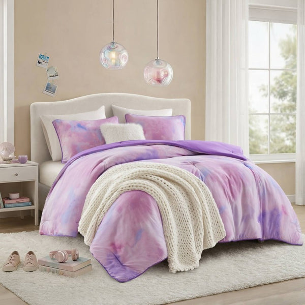 English Elm 4 Piece King Watercolor Tie Dye Microfiber Comforter Set with Faux Fur Throw Pillow Purple B035P529048