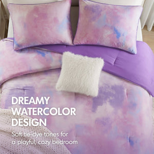English Elm 4 Piece King Watercolor Tie Dye Microfiber Comforter Set with Faux Fur Throw Pillow Purple B035P529048